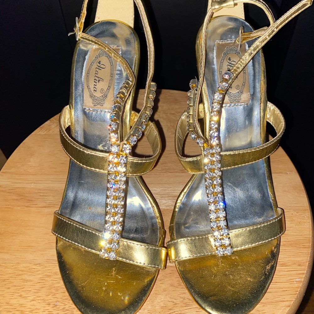 Gold open toe heels